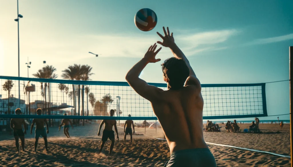 chicos jugando al voleibol en la beach