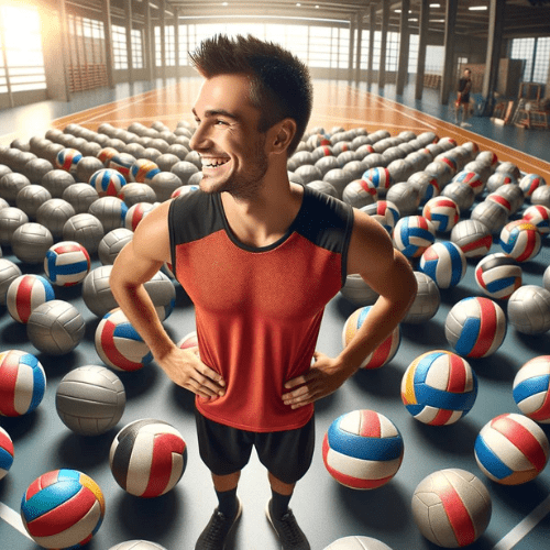 Muchos balones de voleibol y un hombre haciendo un análisis de ellos